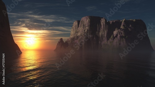 sunset among the rocks on the sea, 3d rendering