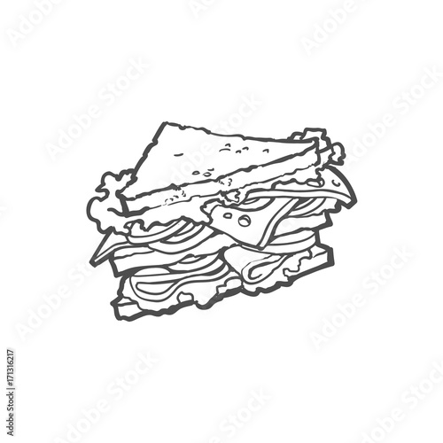 Vector sketch sandwich with vegetables. Fast food flat cartoon isolated illustration on a white background. Triangular fresh sandwich with cheese, tomato and salad