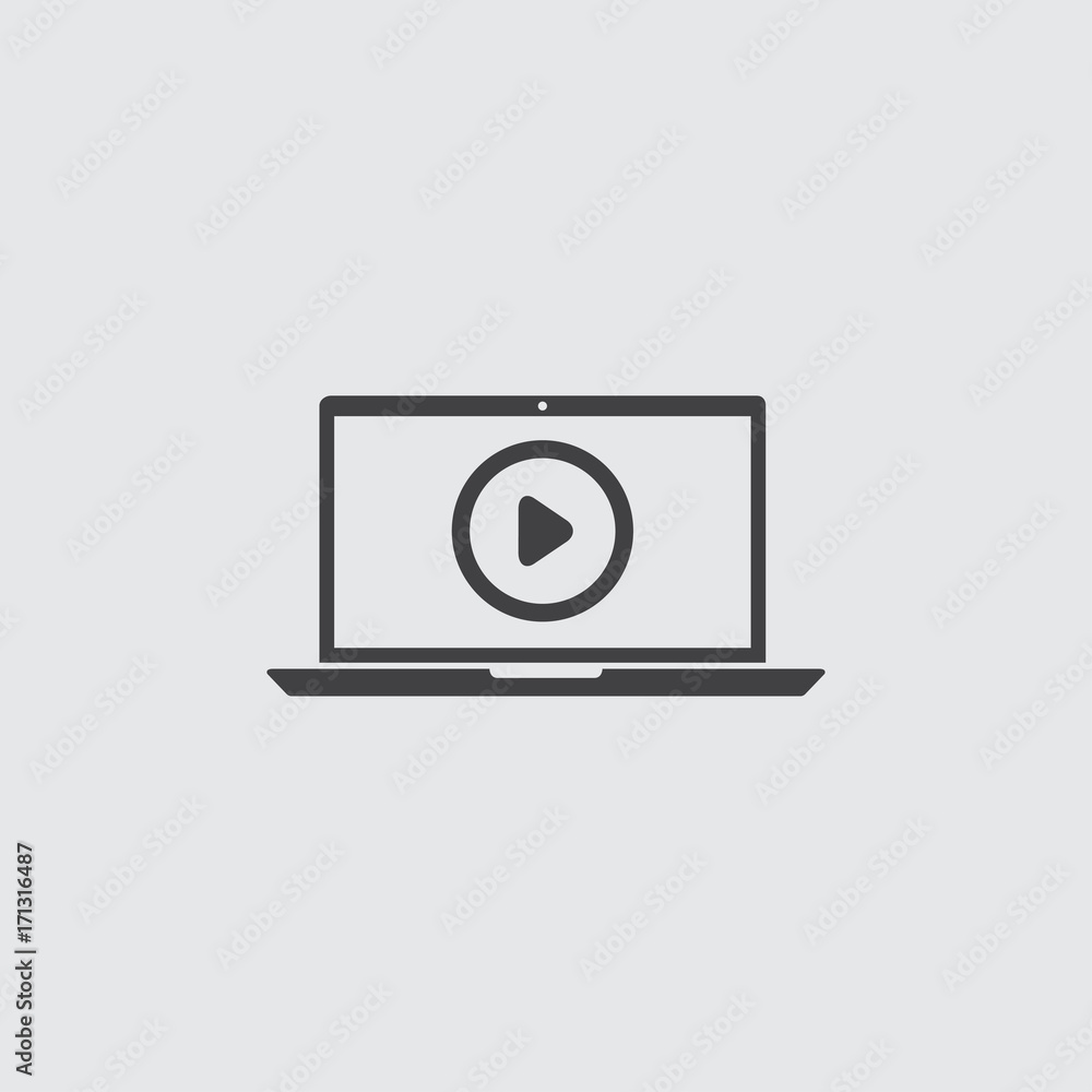 Laptop with play button icon in a flat design in black color. Vector illustration eps10