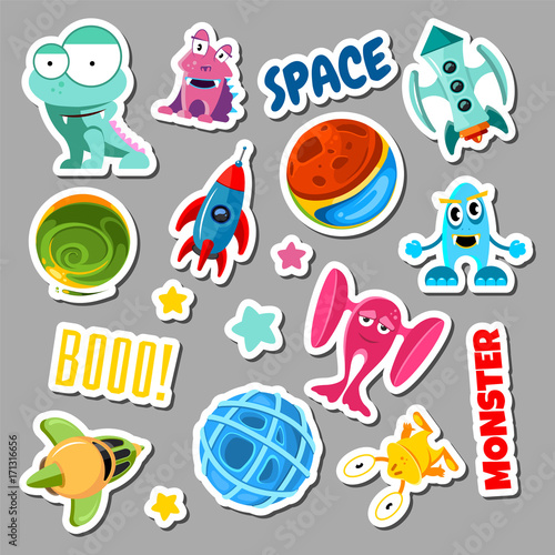 Set of stickers with space objects and monsters. Cartoon vector illustration for children