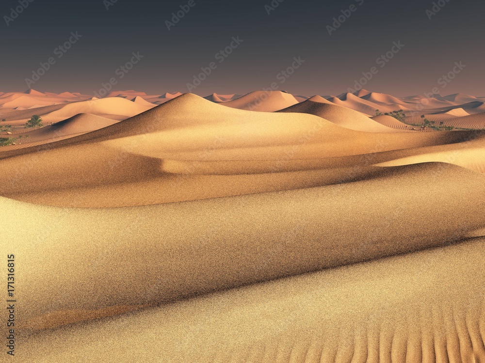 worldwide temperature change idea. solitary sand dunes under spectacular evening sunset sky at drought desert landscape 3d rendering