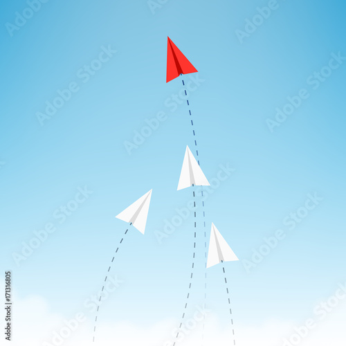 Minimalist stile red paper airplane show direction for white ones. Leader, boss, manager, winner concept.