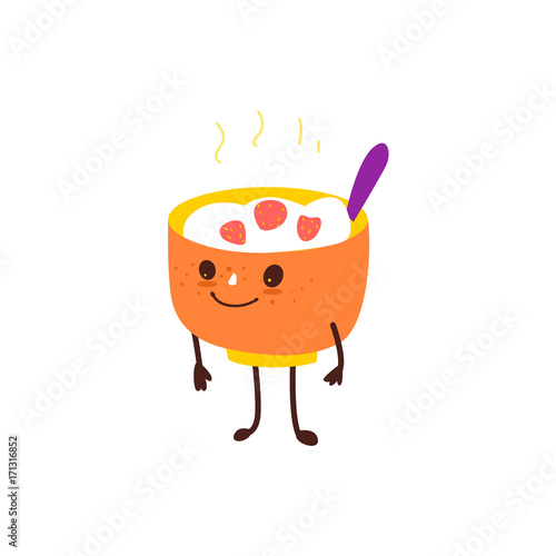 Funny bowl of hot oatmeal, rice porridge, breakfast character, flat cartoon vector illustration isolated on white background. Funny bowl of oats, rice, porridge character with smiling human face