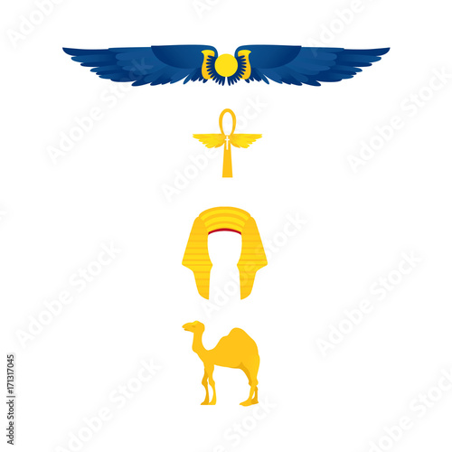 Set of Egypt symbols - winged sun, ankh, nemes headdress, camel, flat cartoon vector illustration isolated on white background. Set of Egyptian symbols - winged sun, ankh, pharaoh headdress and camel