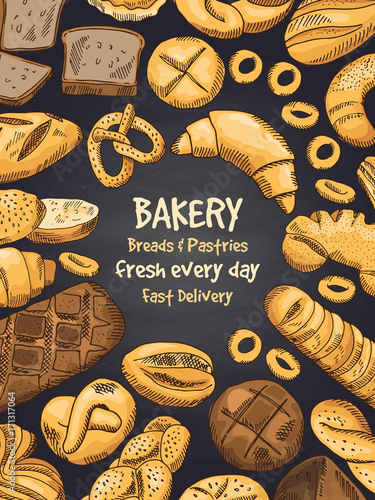 Illustration of bakery foods on black chalkboard. Poster or template of design menu