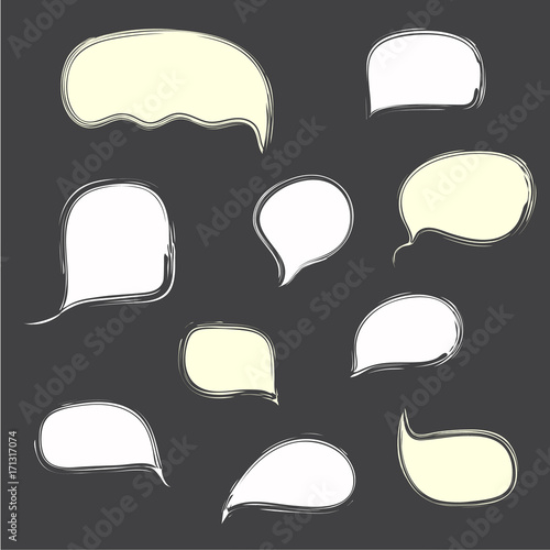 White hand drawn isolated bubble speech on dark background. Text clouds for messengers, communication infographics, web dialog design
