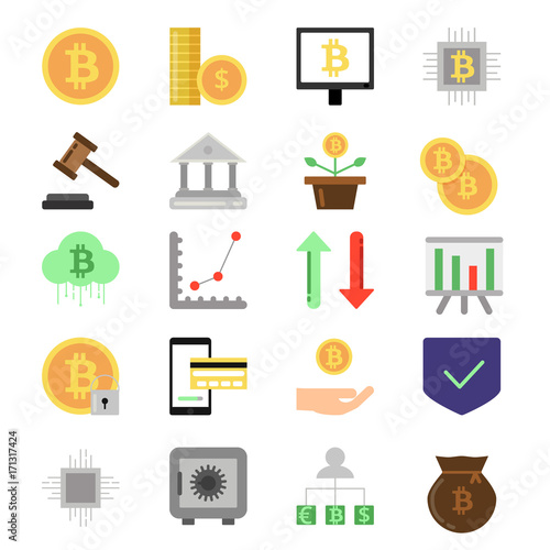 Pictures set of different symbols of finance and business. Digital money, coins and crypto currency icon set