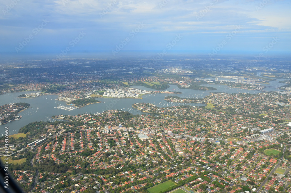 Airplane view of the city of Sydney Australia