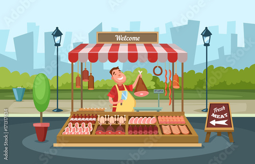Local market place with fresh foods. Vector illustrations in cartoon style