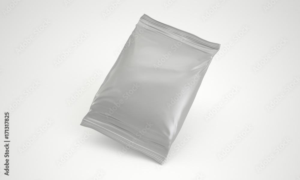 3d rendering blank foil bag packaging for food, snack, coffee, cocoa, sweets, crackers, nuts, chips. Realistic plastic pack mock up isolated on white background 3d rendering blank foil bag packaging for food, snack, coffee, cocoa, sweets, crackers, nuts, chips. Realistic plastic pack mock up isolated on white background