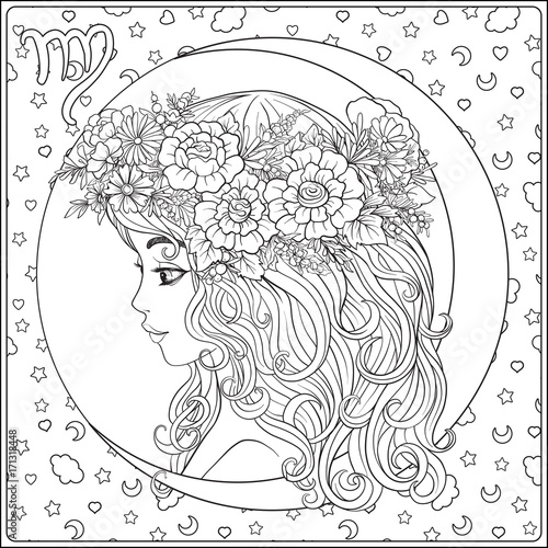 Virgo. A young beautiful girl In the form of one of the signs of the zodiac.  Outline hand drawing coloring page for adult coloring book. Stock line vector illustration.