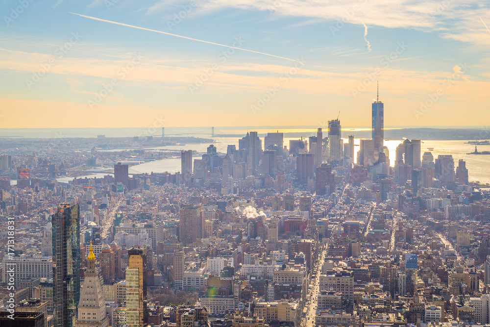 NEW YORK - 20 DECEMBER, 2016: Aerial Panoramic View of New York City with Absolutely Amazing Sunny Sky Background using for Wallpaper, Horizontal View