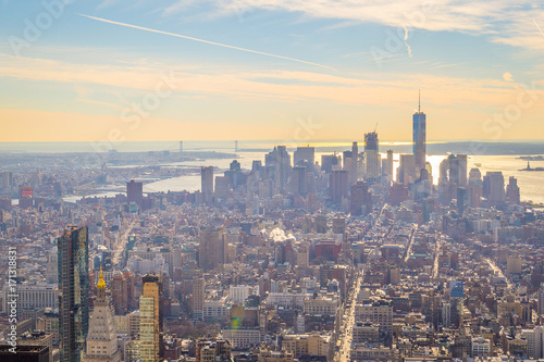 NEW YORK - 20 DECEMBER, 2016: Aerial Panoramic View of New York City with Absolutely Amazing Sunny Sky Background using for Wallpaper, Horizontal View
