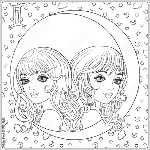 Gemini,  twins. A young beautiful girls In the form of one of the signs of the zodiac.  Outline hand drawing coloring page for adult coloring book. Stock line vector illustration.