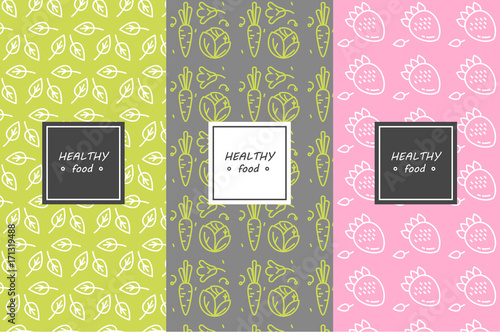 Vector set of design elements, patterns and backgrounds for organic, healthy and vegan food packaging - green labels