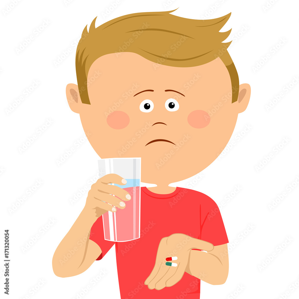 Unhappy little boy with glass of water shows two pils Unhappy little boy with glass of water shows two pils