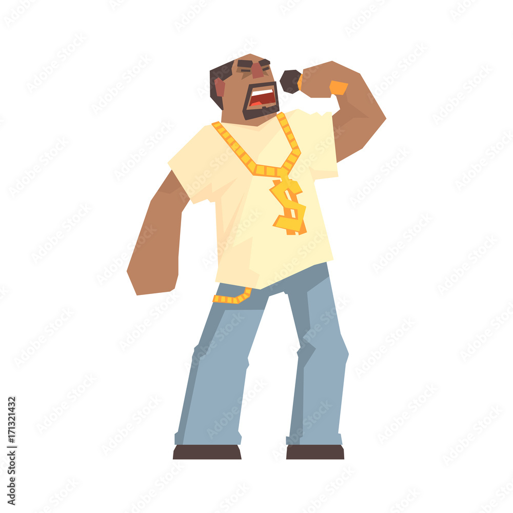 African male singer character holding a microphone, hip hop rapper cartoon vector Illustration