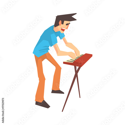 Male pianist of rock band playing keyboard cartoon vector Illustration