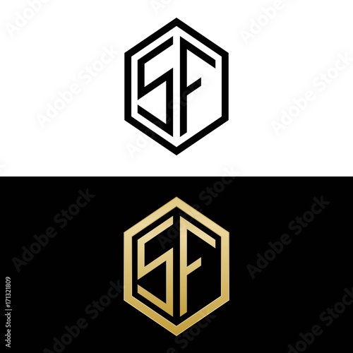 initial letters logo sf black and gold monogram hexagon shape vector