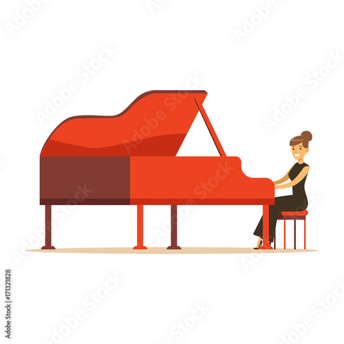 Beautiful woman in black dress playing red grand piano vector Illustration