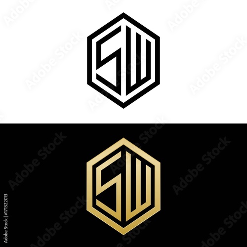 initial letters logo sw black and gold monogram hexagon shape vector
