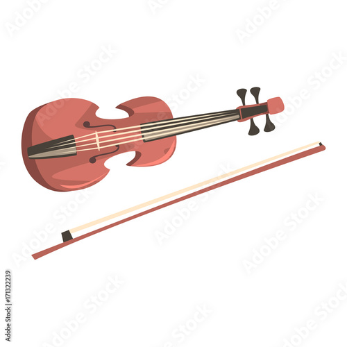 Wooden violin with fiddlestick, musical instrument cartoon vector Illustration