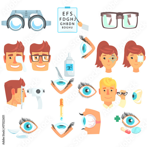 Ophthalmologist diagnostic set, treatment and correction of vision cartoon vector Illustrations