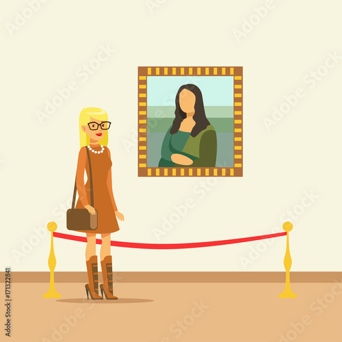 Young woman looking at the painting hanging on gallery wall, people viewing museum exhibit