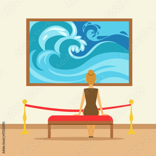 Woman sitting on a bench and looking at the painting hanging on gallery wall, people viewing museum