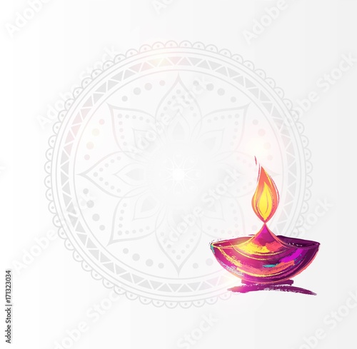 Diwali festival poster. DIwali holiday shiny background with diya lamps and rangoli. Vector illustration