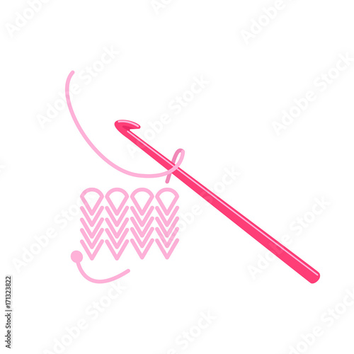 Knitting with hook on white background. Vector illustration, flat design