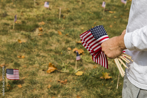 Flags for 9/11 victims on anniversary of September 11, 2001 terrorist attacks in the United States.