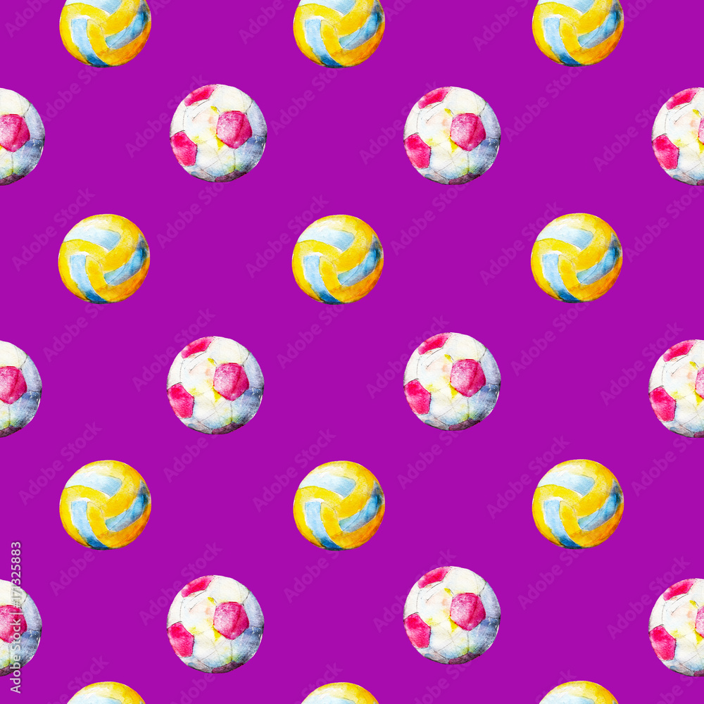 Watercolor seamless pattern with volleyball and football balls, bright hand-drawn summer  background.
