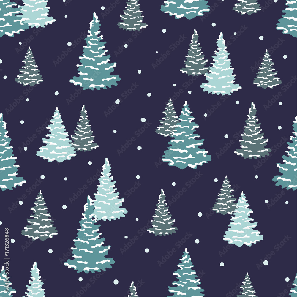 Fir trees pattern. Vector seamless forest winter background.