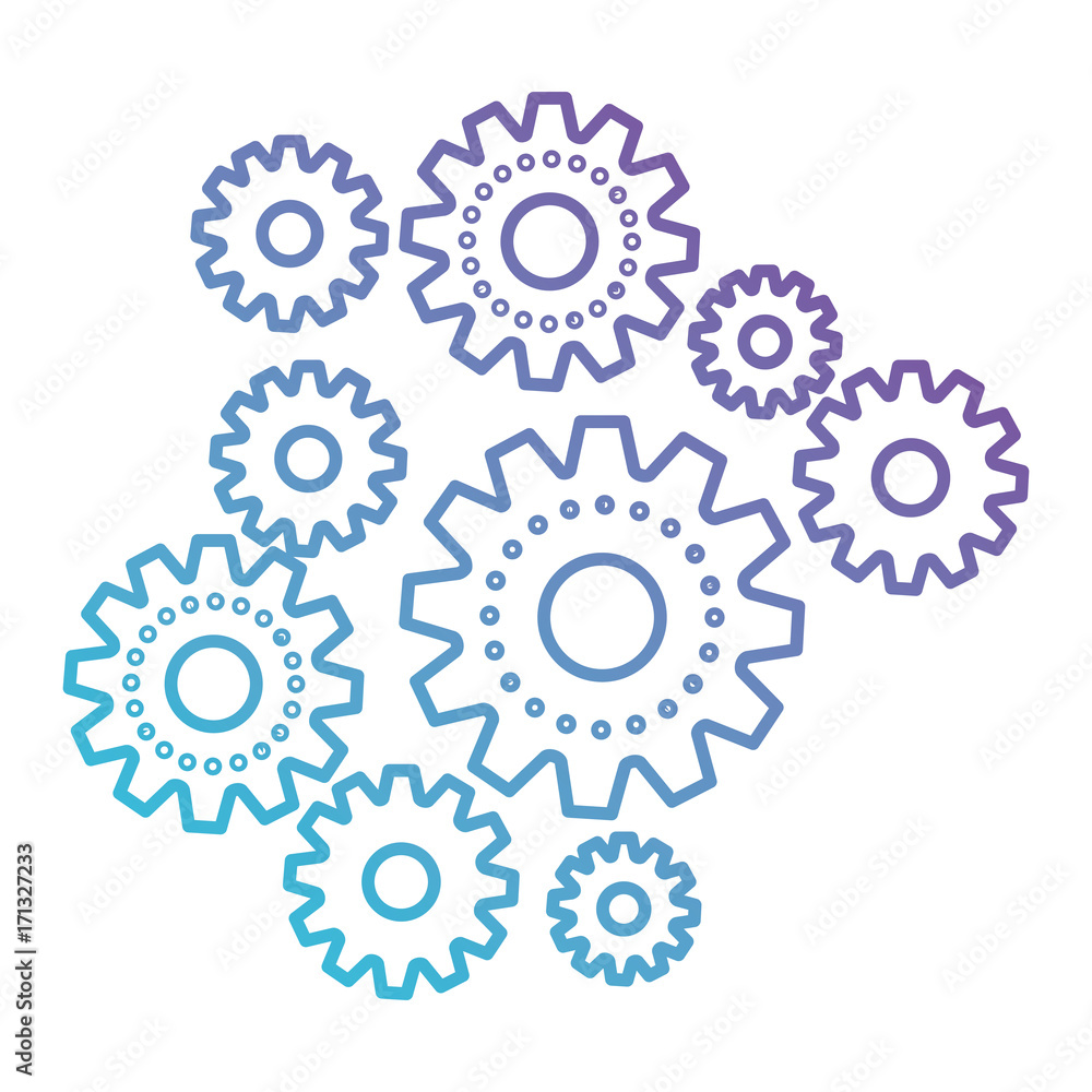 set gear machinery in color gradient silhouette from purple to blue vector illustration