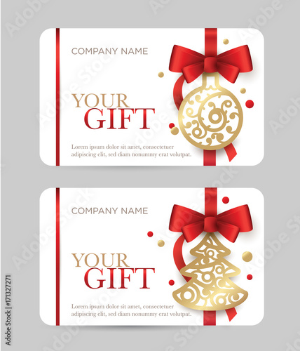 New Year gift card. Christmas coupon. Gift certificate with New Year's attributes. Red bow with a golden ball and a Christmas tree on a white background.