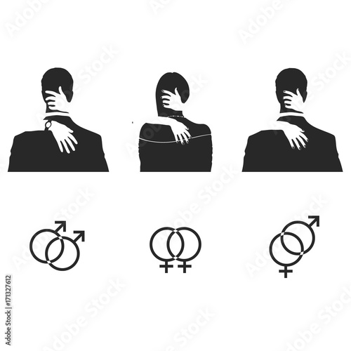Silhouettes of hugging and kissing people.
Set of sexual gender orientation icons. Human, heterosexuality and homosexuality. Vector illustration.