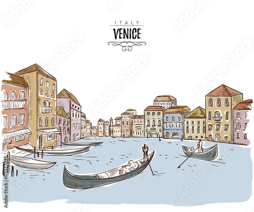 Venice. Cityscape with houses, canal and boats. Vintage vector illustration in sketch style