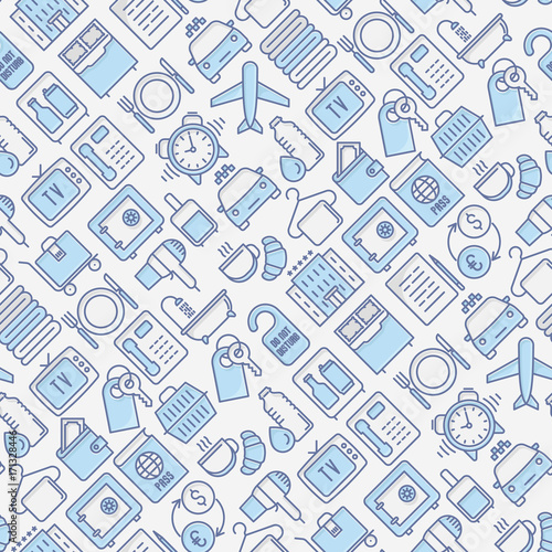 Hotel services seamless pattern with thin line icons of facilities in room. Vector illustration for background of banner, web page, print media.