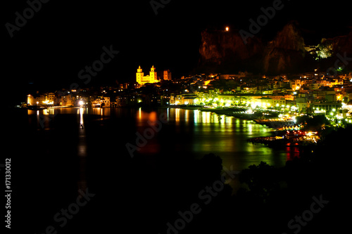 Night view to romantic city Cefalu, north Sicily