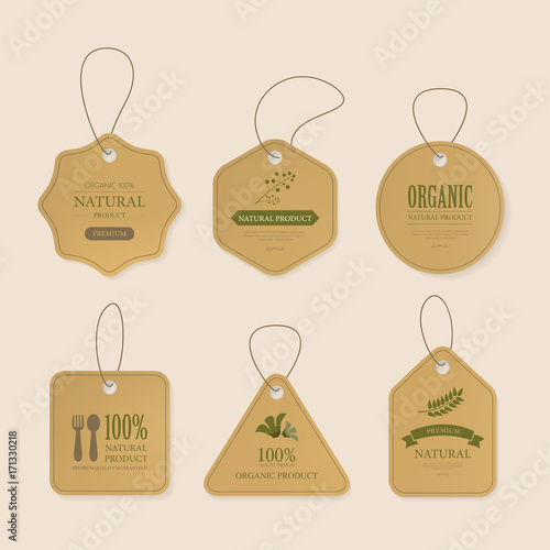 natural label and organic brown tag on cord. vintage kraft paper and badge design.