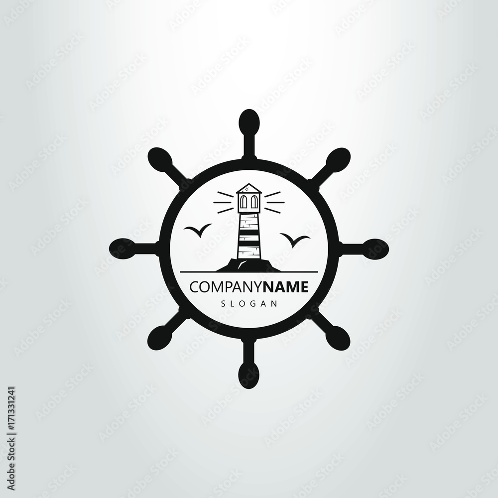 black and white lighthouse logo at the helm