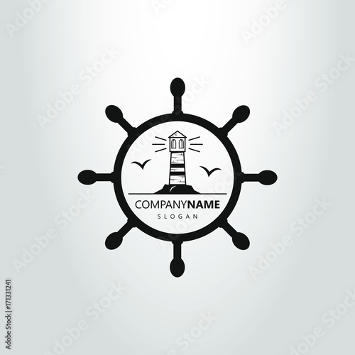 black and white lighthouse logo at the helm