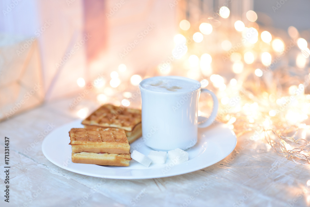 coffee and waffles on Christmas morning coffee and waffles on Christmas morning