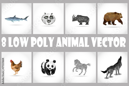 Vector set of different animals, polygonal icons, low poly illustration, panda, shark, bear, chicken, horse, wolf, rhinoceros