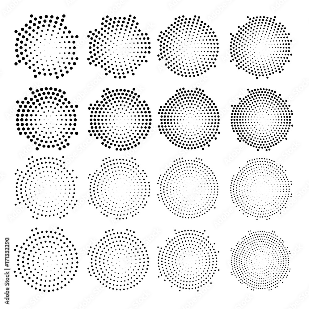 Halftone circularly distributed dots . Halftone effect vector pattern. Circle dots isolated on the white background.