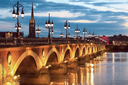 Pont de Pierre bridge at twilight, Bordeaux, France