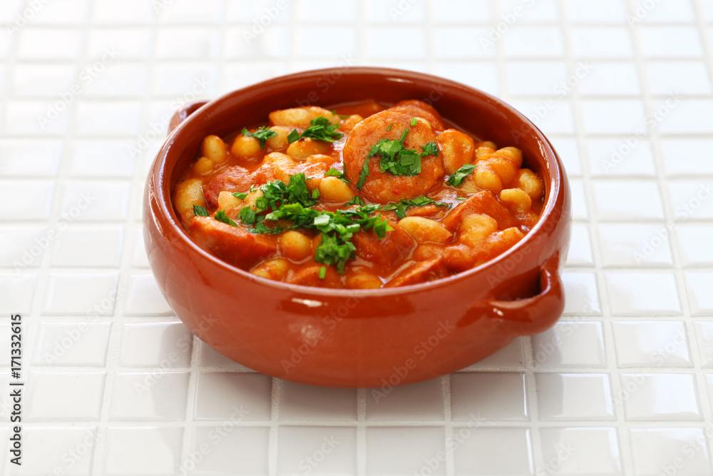 Braised with chorizo and white kidney beans, spanish tapas food,guiso