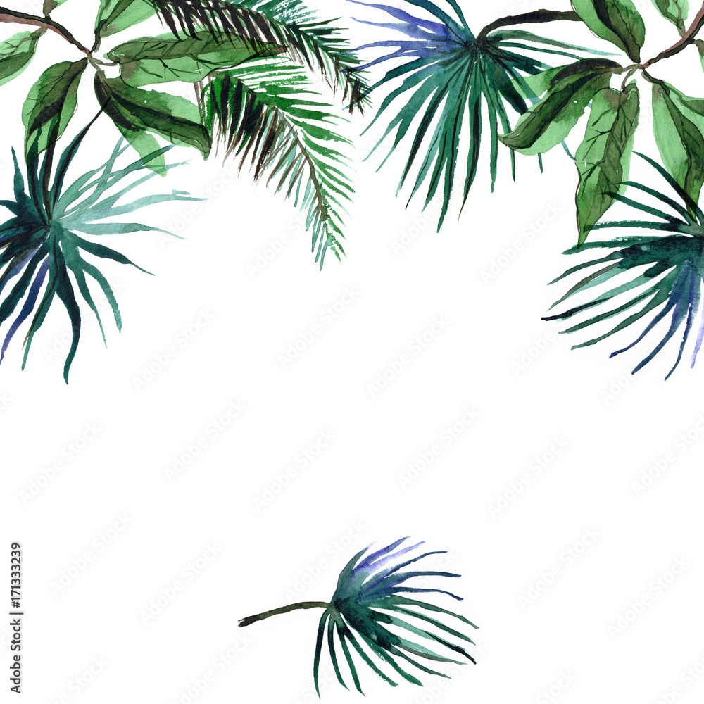 Watercolor hand painted tropical frame with palm leaves Watercolor hand painted tropical frame with palm leaves