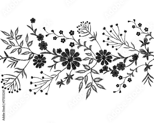 Black floral embroidery ornament. Fashion clothes decoration seamless border band stitch texture embroidered field flower leaves. White background vector illustration